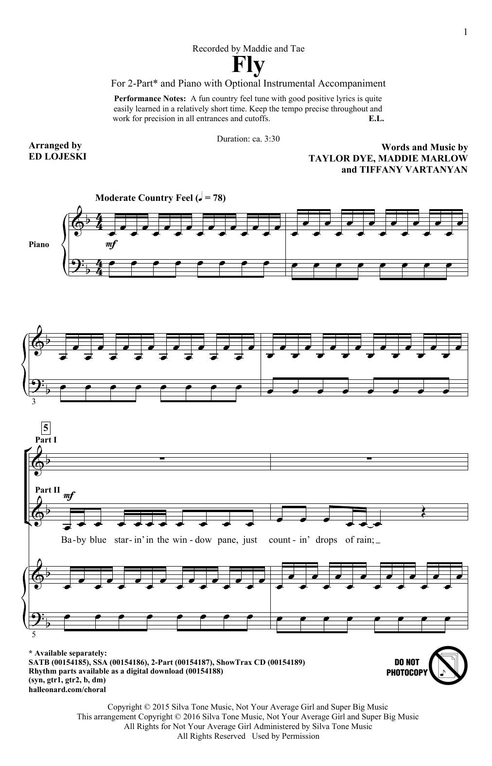 Ed Lojeski Fly sheet music notes and chords arranged for 2-Part Choir