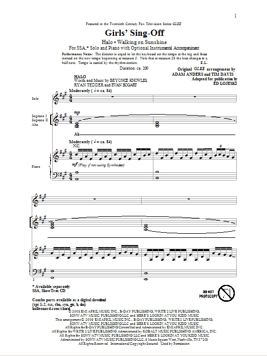 Ed Lojeski Girls' Sing-Off (from Glee) sheet music notes and chords arranged for SSA Choir