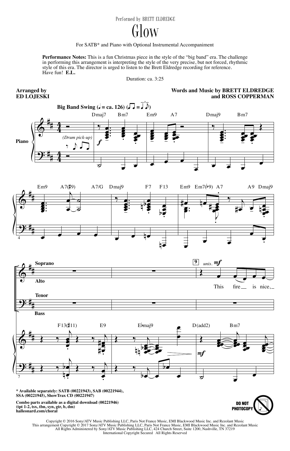 Ed Lojeski Glow sheet music notes and chords arranged for SAB Choir