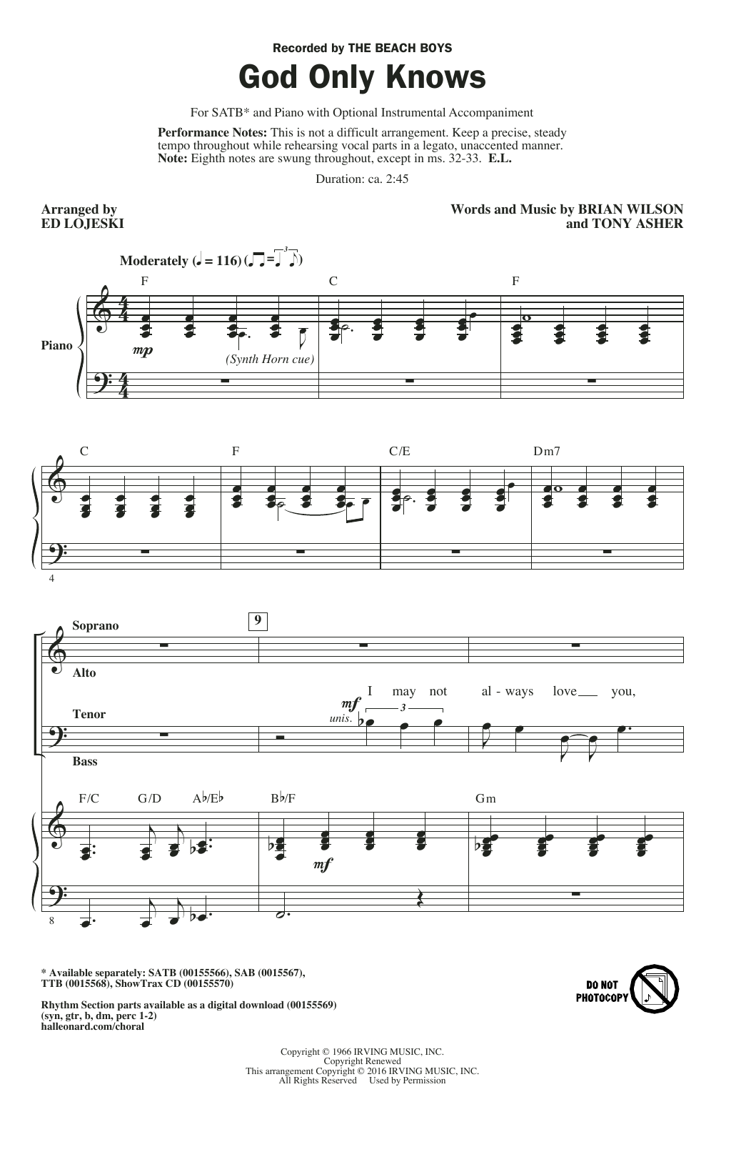 Ed Lojeski God Only Knows sheet music notes and chords arranged for TTB Choir
