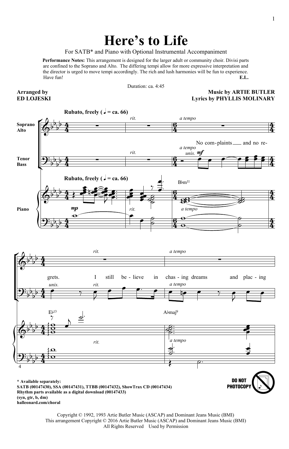 Ed Lojeski Here's To Life sheet music notes and chords arranged for SSA Choir
