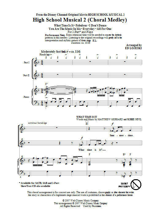Ed Lojeski High School Musical 2 (Choral Medley) sheet music notes and chords arranged for 2-Part Choir