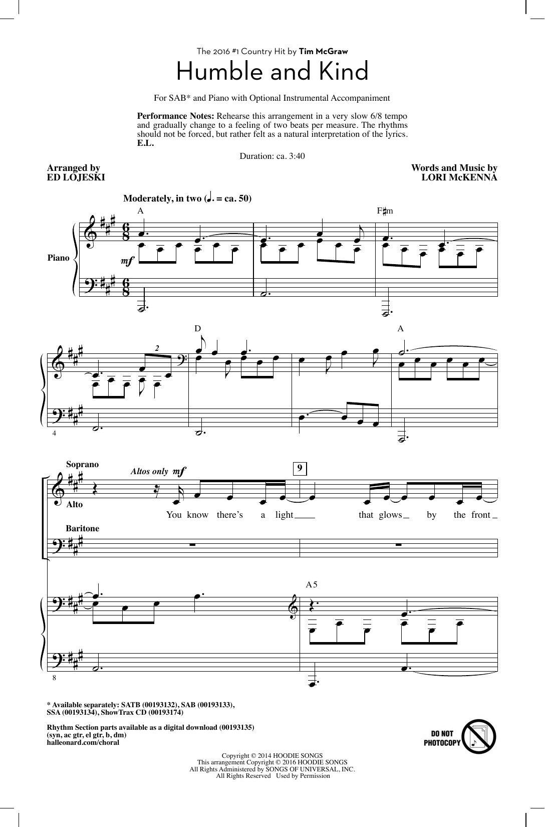 Ed Lojeski Humble And Kind sheet music notes and chords arranged for SAB Choir