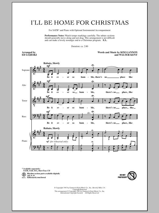 Ed Lojeski I'll Be Home For Christmas sheet music notes and chords arranged for SSA Choir