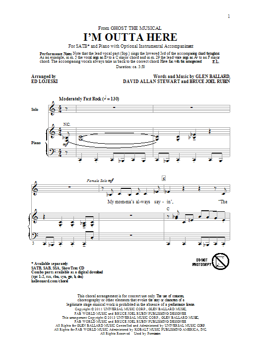 Ed Lojeski I'm Outta Here sheet music notes and chords arranged for SSA Choir