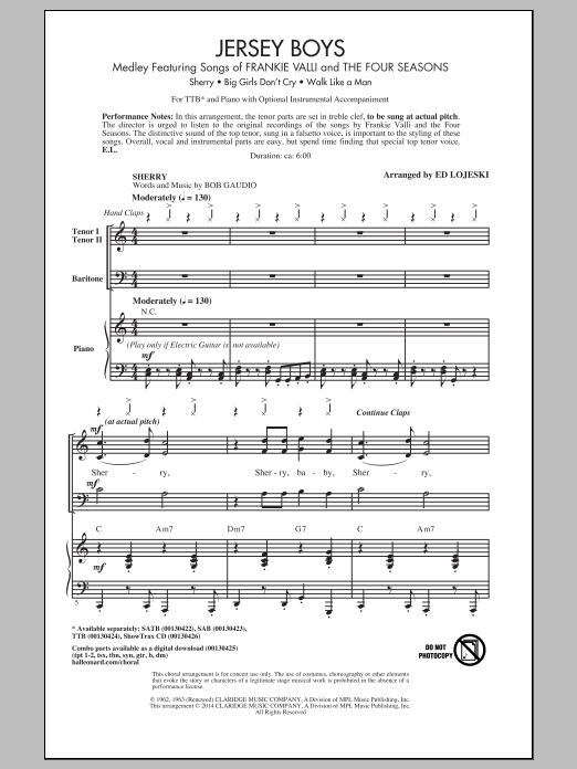 Ed Lojeski Jersey Boys Medley sheet music notes and chords arranged for TTB Choir