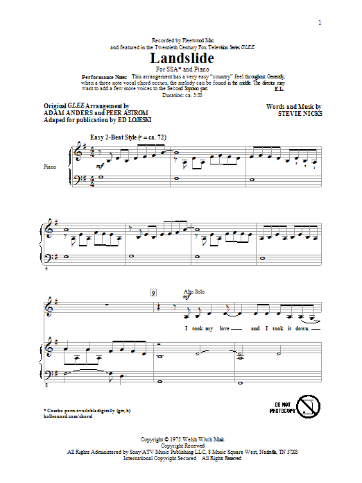 Ed Lojeski Landslide sheet music notes and chords arranged for SSA Choir