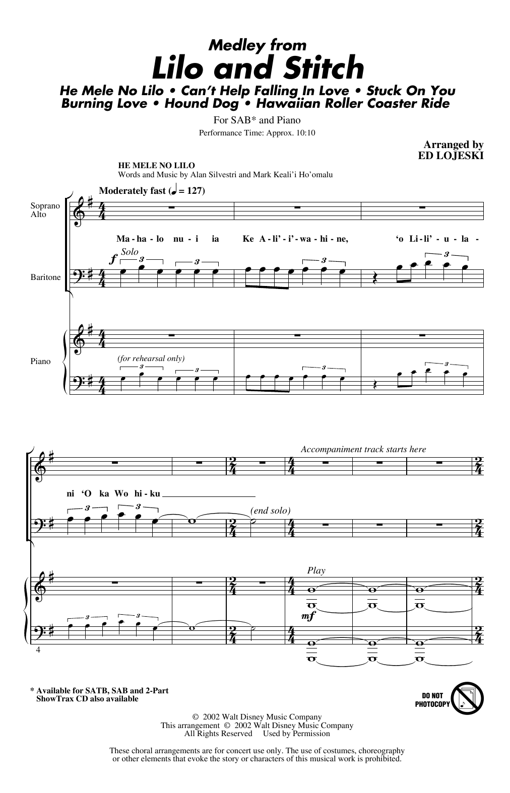 Ed Lojeski Lilo And Stitch (Medley) sheet music notes and chords arranged for SAB Choir