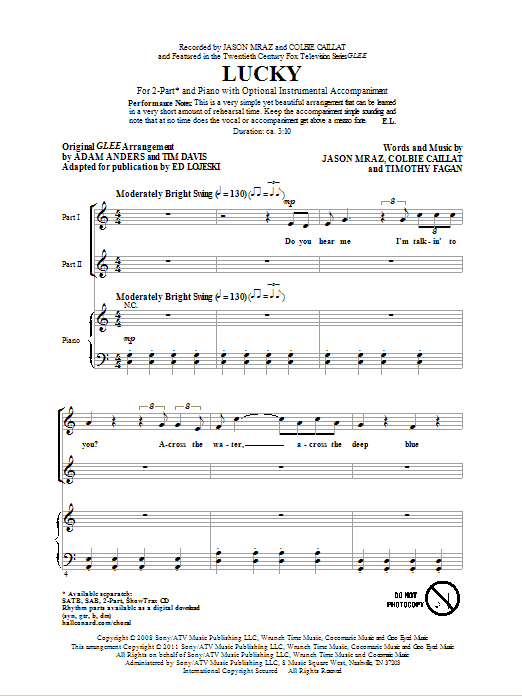 Ed Lojeski Lucky sheet music notes and chords arranged for 2-Part Choir