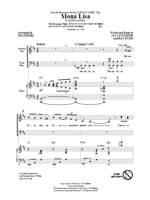 Ed Lojeski Mona Lisa sheet music notes and chords arranged for SATB Choir