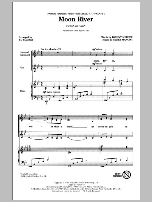 Ed Lojeski Moon River sheet music notes and chords arranged for SSA Choir