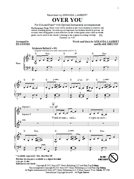 Ed Lojeski Over You sheet music notes and chords arranged for SSA Choir