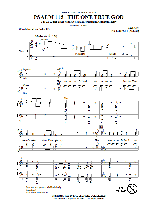 Ed Lojeski Psalm 115: The One True God sheet music notes and chords arranged for SATB Choir