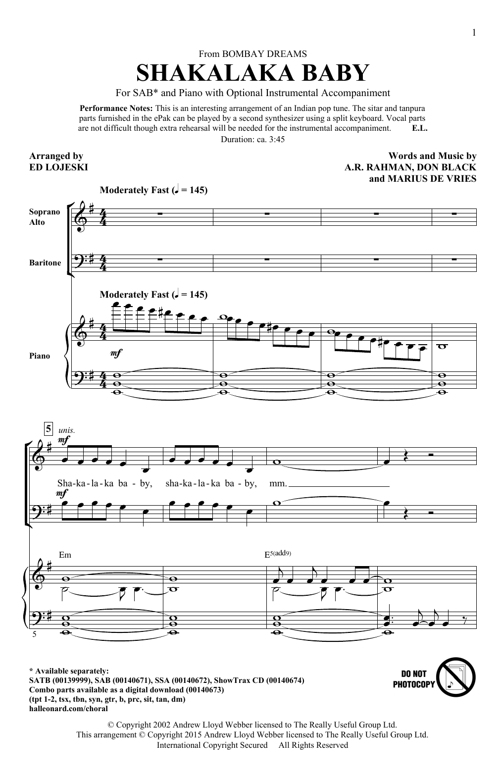 Ed Lojeski Shakalaka Baby (from Bombay Dreams) sheet music notes and chords arranged for SATB Choir