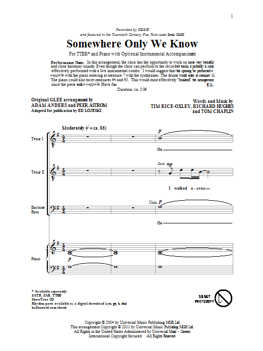 Ed Lojeski Somewhere Only We Know sheet music notes and chords arranged for SATB Choir