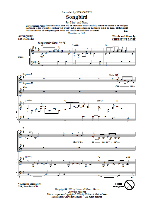 Ed Lojeski Songbird sheet music notes and chords arranged for SSA Choir