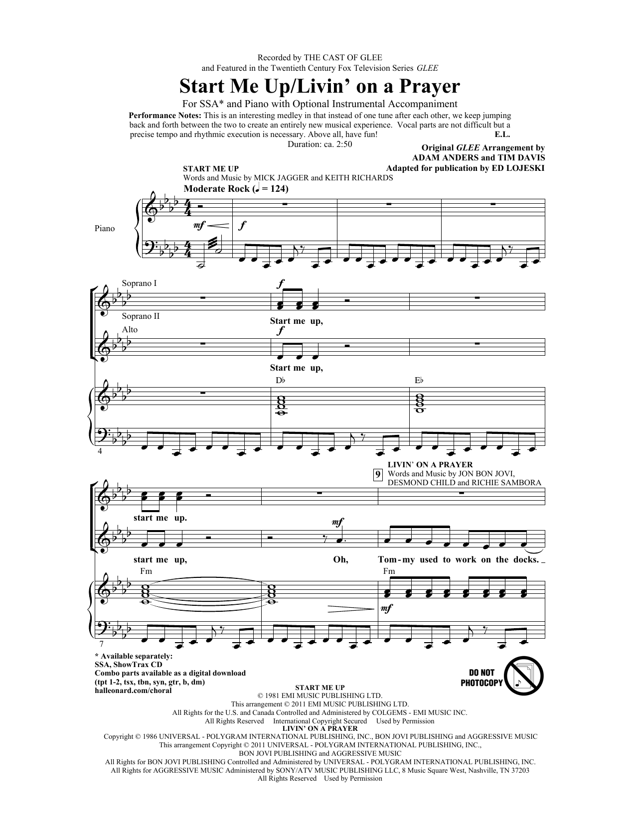 Ed Lojeski Start Me Up/Livin' On A Prayer sheet music notes and chords arranged for SSA Choir