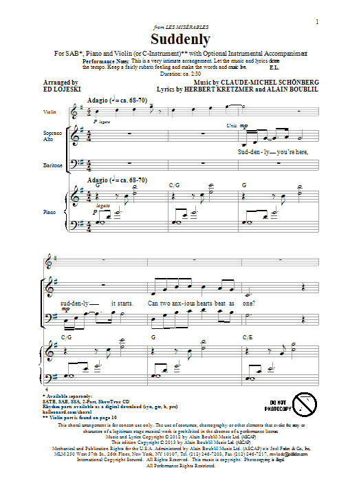 Ed Lojeski Suddenly (from Les Miserables The Movie) sheet music notes and chords arranged for 2-Part Choir