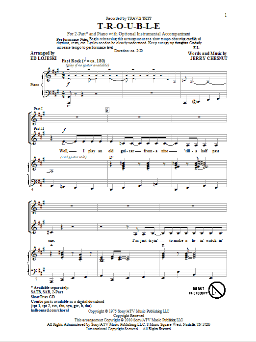 Ed Lojeski T-R-O-U-B-L-E sheet music notes and chords arranged for 2-Part Choir