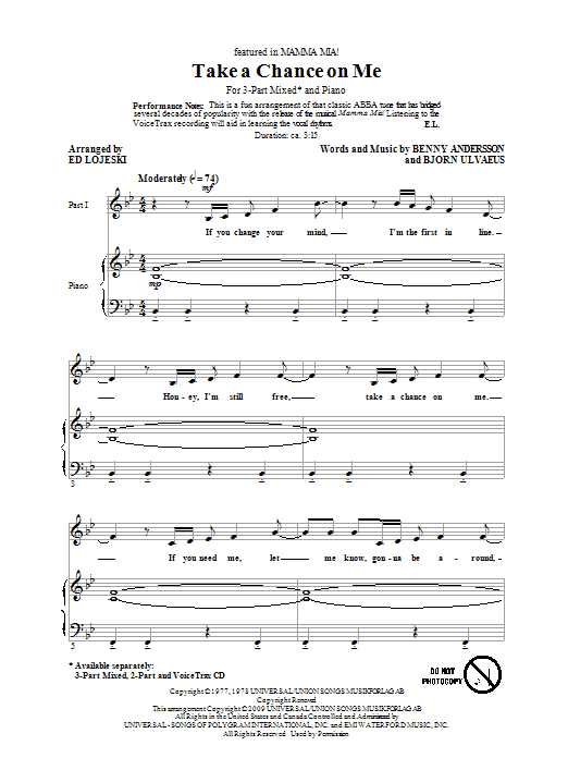 Ed Lojeski Take A Chance On Me sheet music notes and chords arranged for 3-Part Mixed Choir
