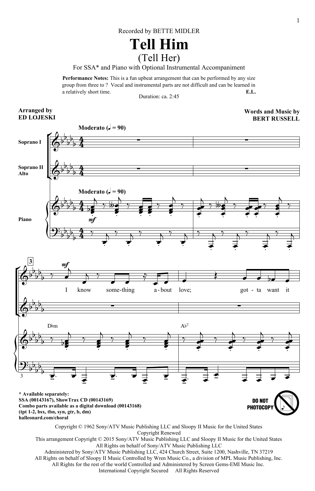Ed Lojeski Tell Him (Tell Her) sheet music notes and chords arranged for SSA Choir