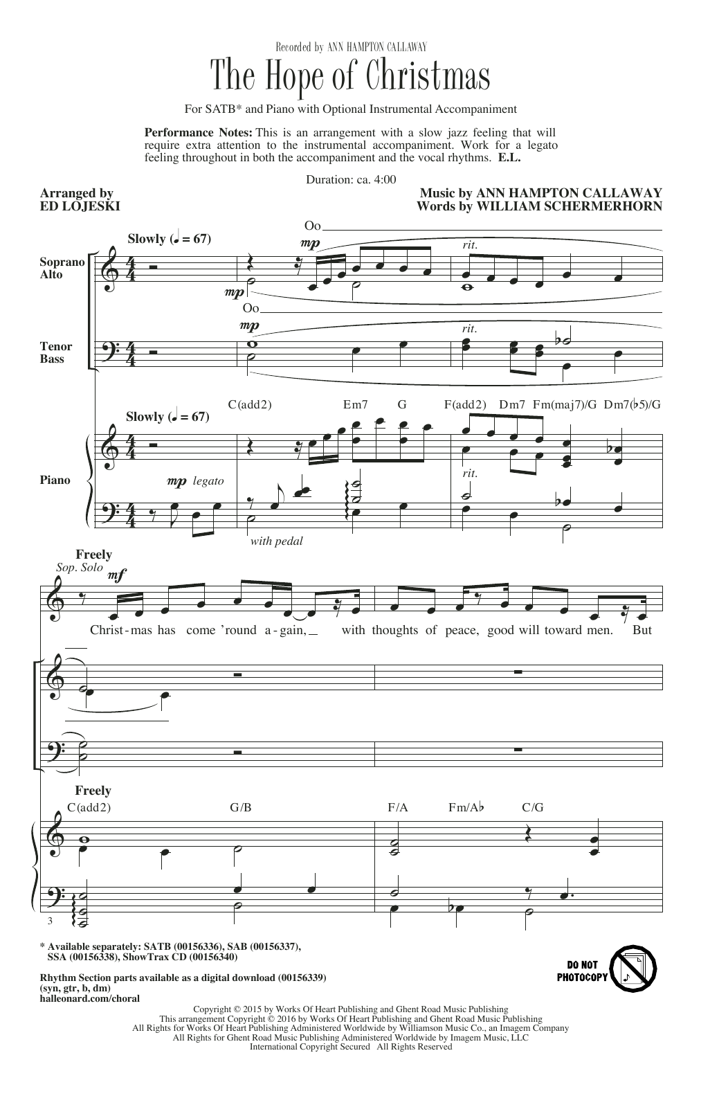 Ed Lojeski The Hope Of Christmas sheet music notes and chords arranged for SSA Choir