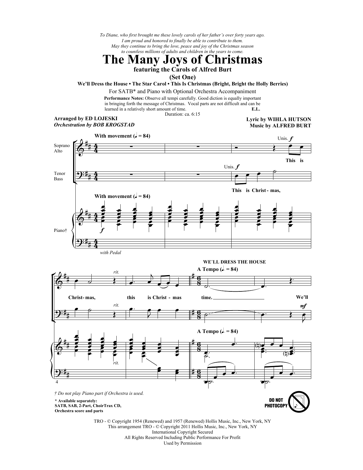 Ed Lojeski The Many Joys Of Christmas (featuring The Carols of Alfred Burt) Set 1 sheet music notes and chords arranged for SATB Choir