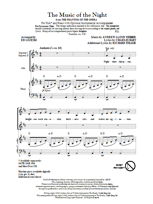 Ed Lojeski The Music Of The Night (from The Phantom Of The Opera) sheet music notes and chords arranged for SSA Choir