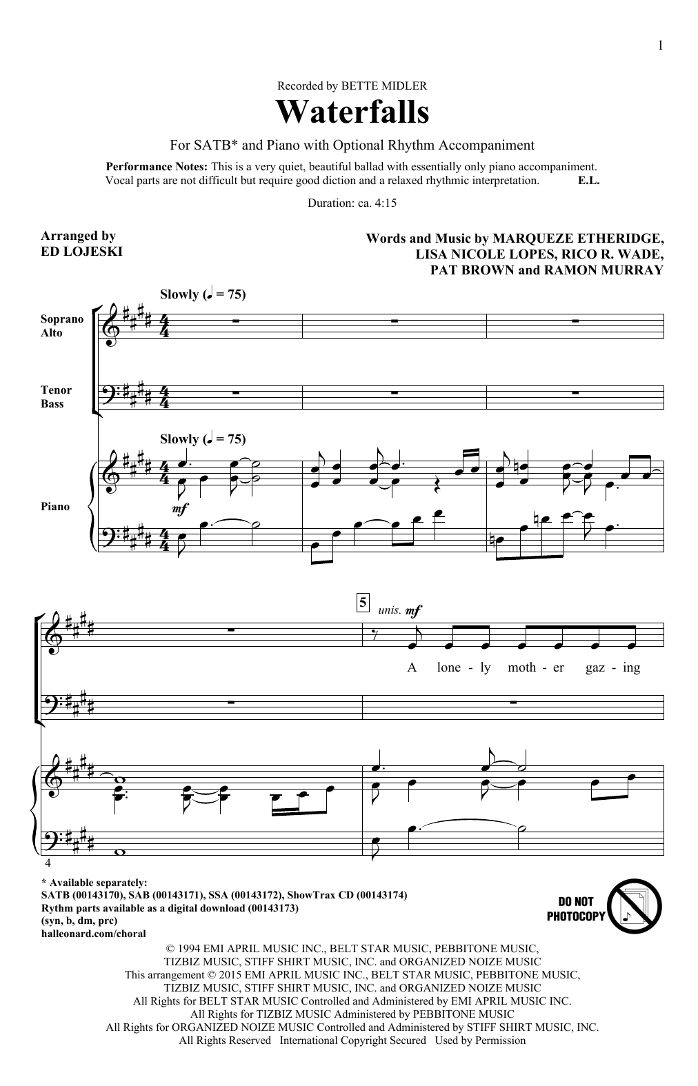 Ed Lojeski Waterfalls sheet music notes and chords arranged for SAB Choir
