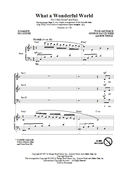 Ed Lojeski What A Wonderful World sheet music notes and chords arranged for 3-Part Mixed Choir