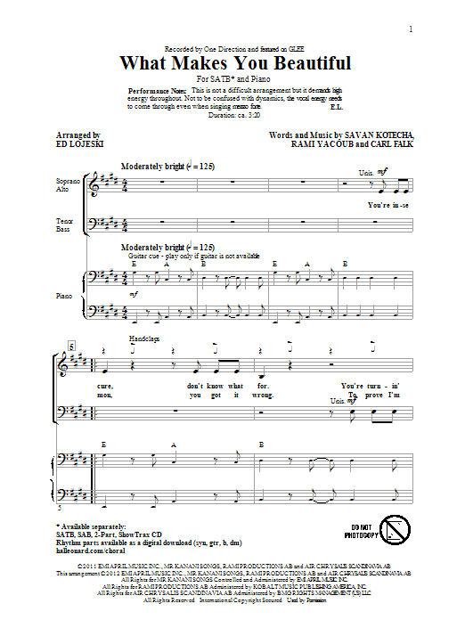 Ed Lojeski What Makes You Beautiful sheet music notes and chords arranged for 2-Part Choir