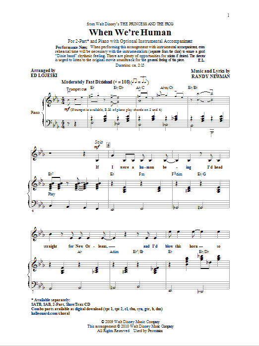 Ed Lojeski When We're Human (from The Princess And The Frog) sheet music notes and chords arranged for SATB Choir