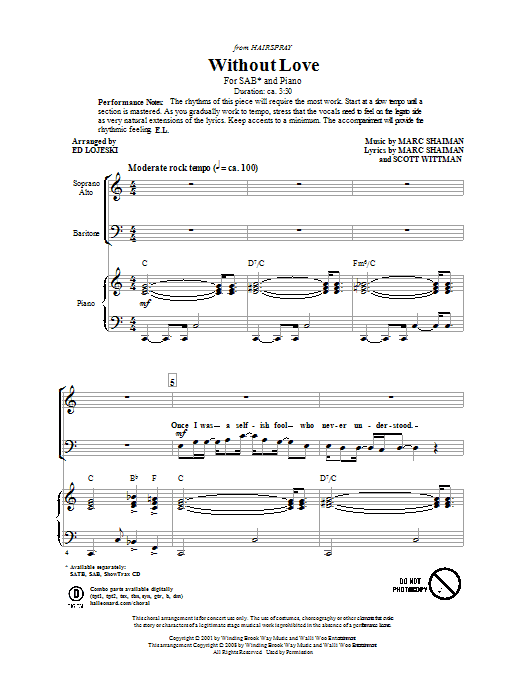 Ed Lojeski Without Love sheet music notes and chords arranged for SAB Choir