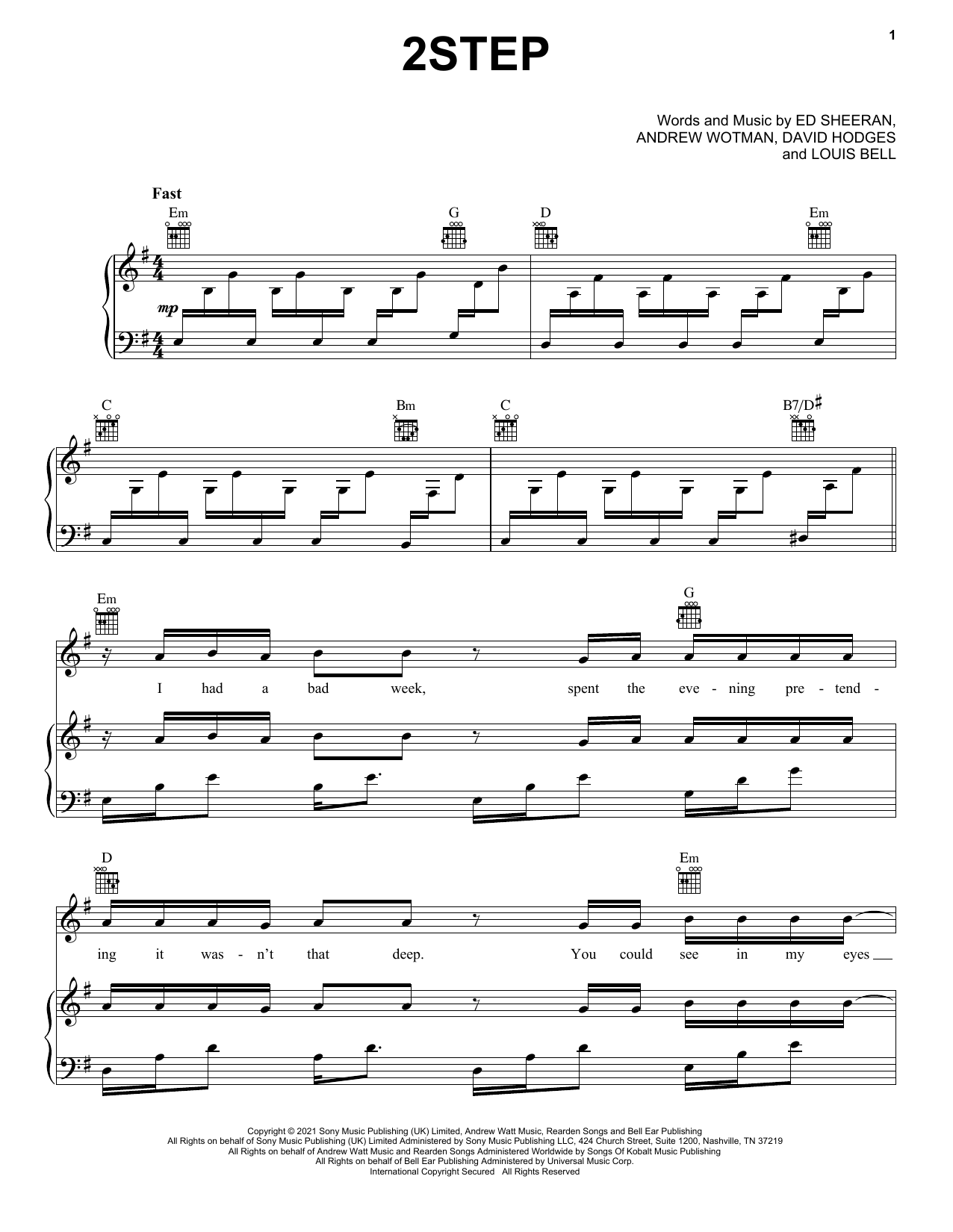Ed Sheeran 2step sheet music notes and chords arranged for Piano, Vocal & Guitar Chords (Right-Hand Melody)