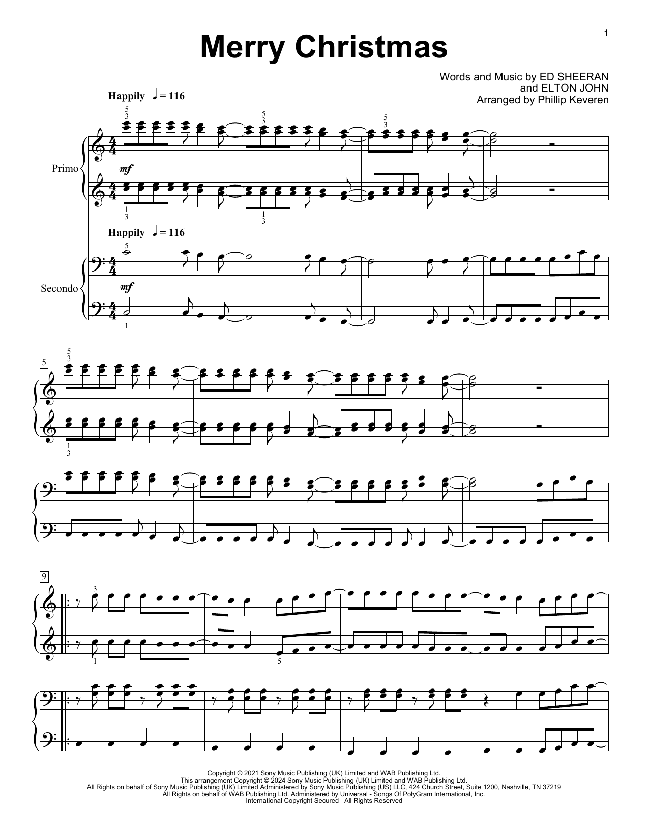 Ed Sheeran & Elton John Merry Christmas (arr. Phillip Keveren) sheet music notes and chords arranged for Piano Duet