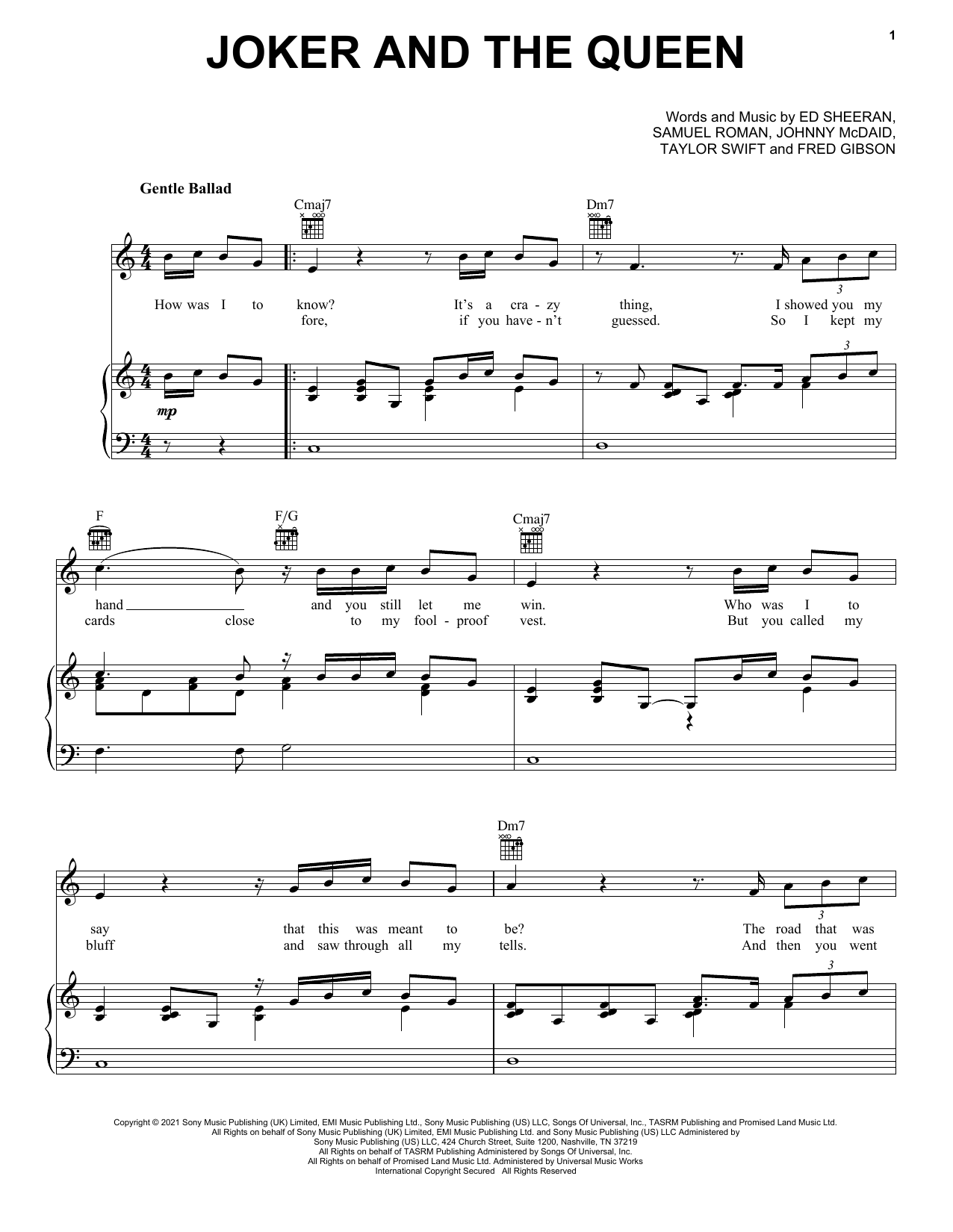 Ed Sheeran & Taylor Swift The Joker And The Queen sheet music notes and chords arranged for Piano, Vocal & Guitar Chords (Right-Hand Melody)