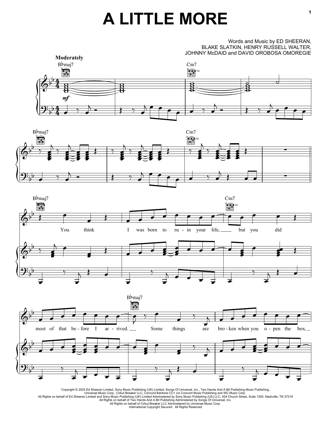 Ed Sheeran A Little More sheet music notes and chords arranged for Piano, Vocal & Guitar Chords (Right-Hand Melody)