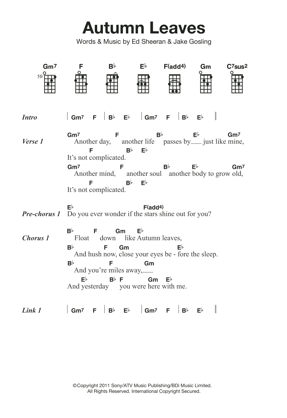 Ed Sheeran Autumn Leaves sheet music notes and chords arranged for Guitar Chords/Lyrics