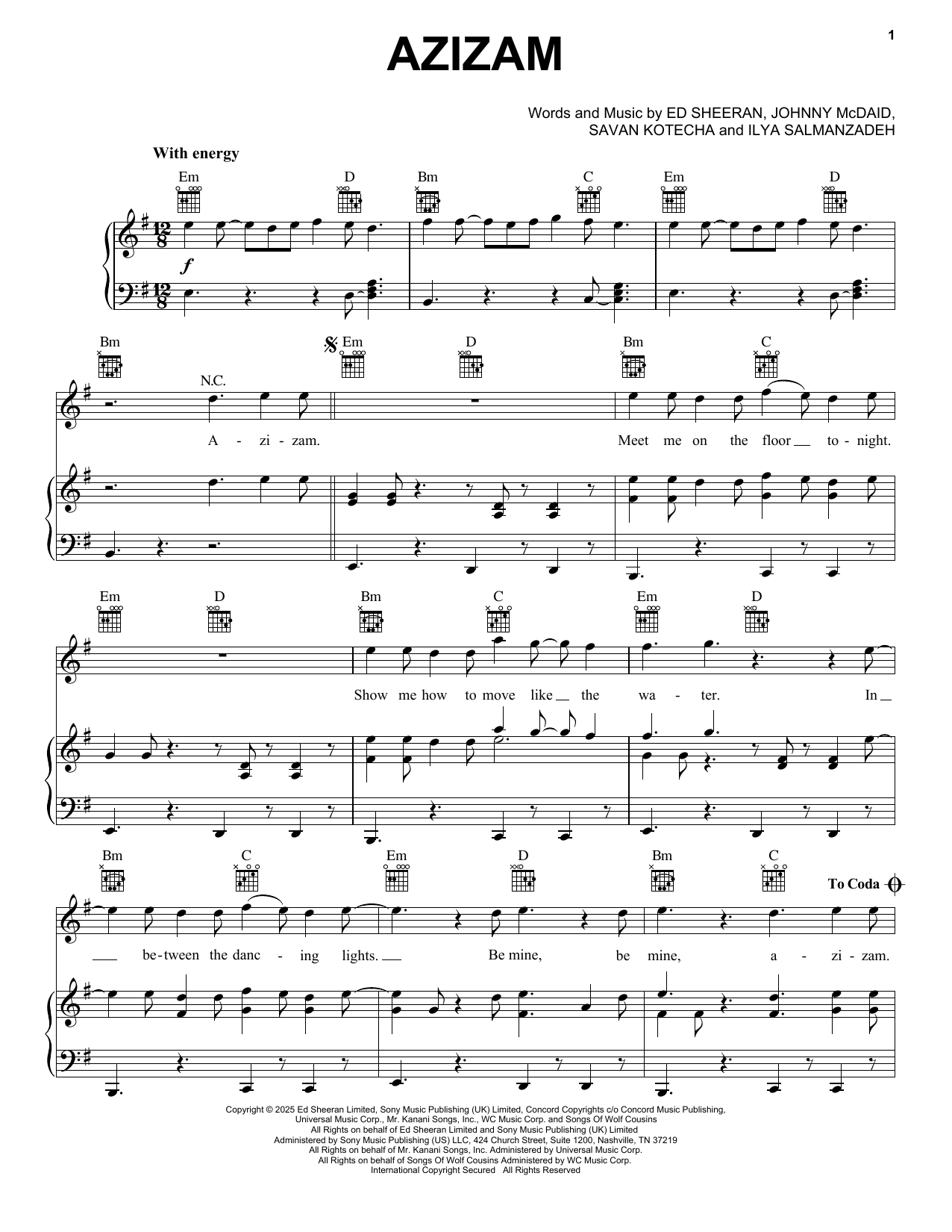 Ed Sheeran Azizam sheet music notes and chords arranged for Really Easy Piano