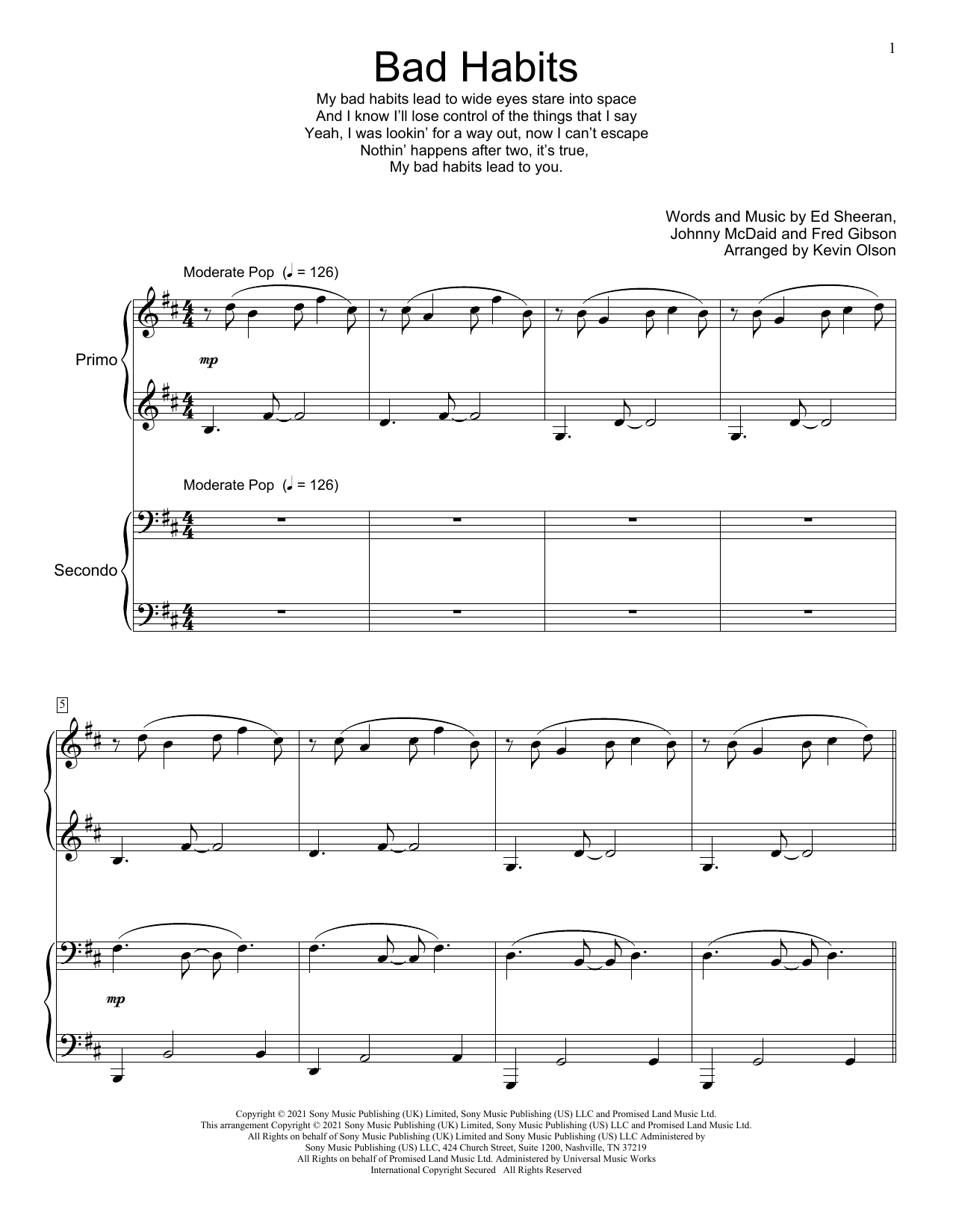 Ed Sheeran Bad Habits (arr. Kevin Olson) sheet music notes and chords arranged for Piano Duet