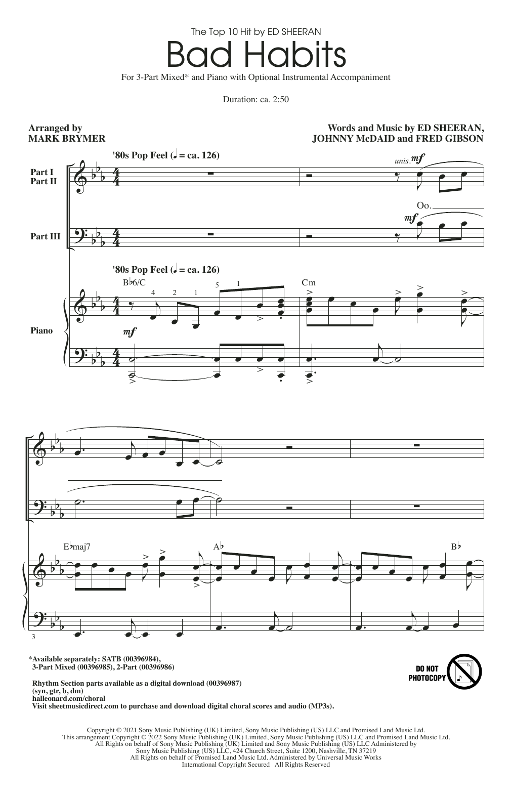 Ed Sheeran Bad Habits (arr. Mark Brymer) sheet music notes and chords arranged for 3-Part Mixed Choir