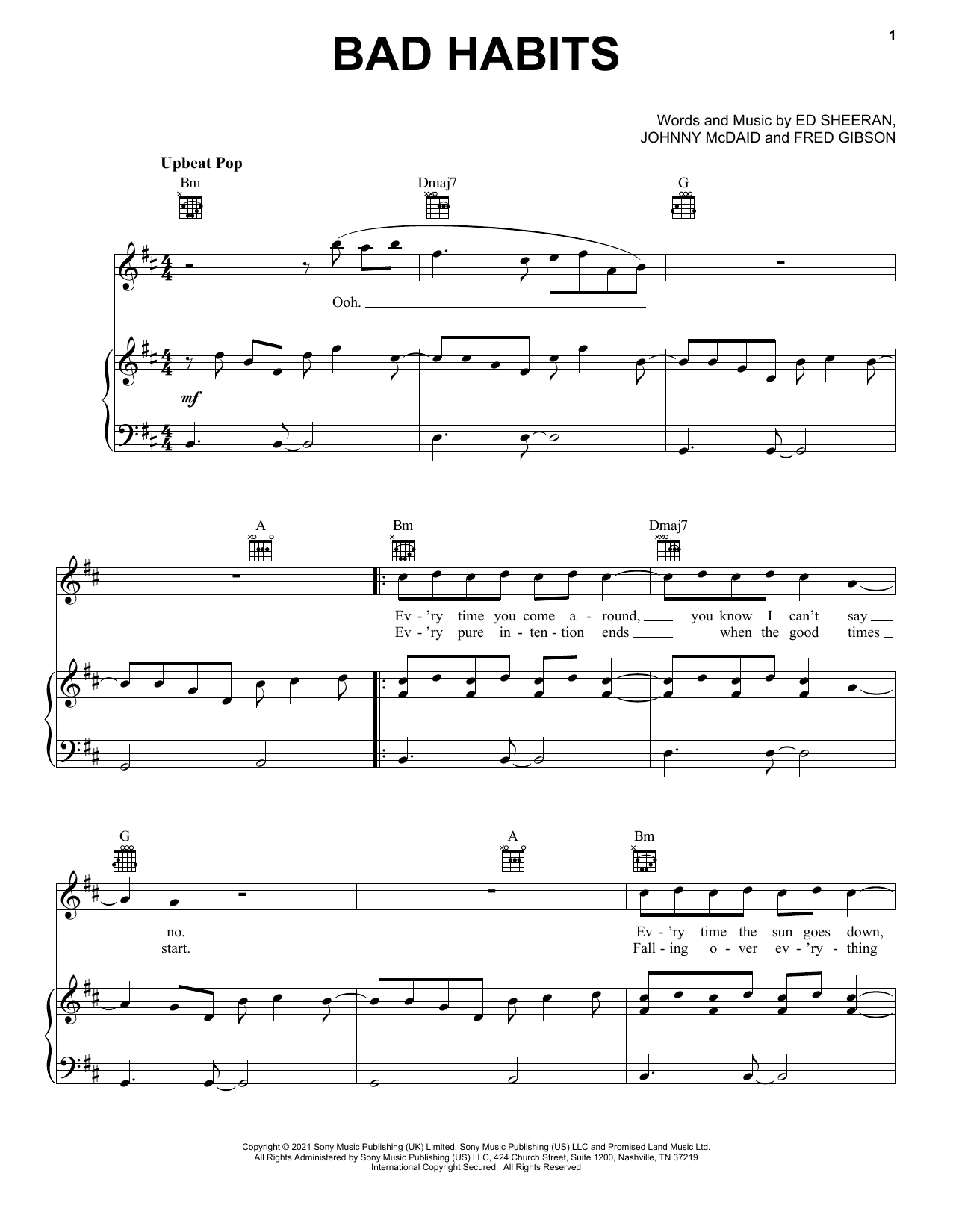 Ed Sheeran Bad Habits sheet music notes and chords arranged for Piano Solo