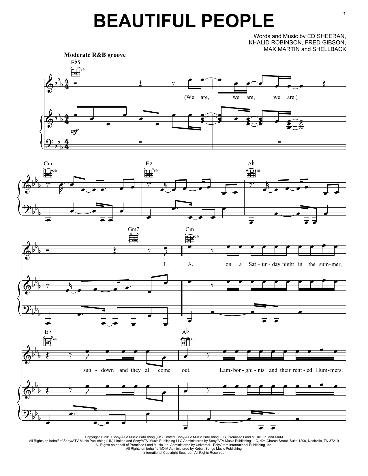 Ed Sheeran Beautiful People (feat. Khalid) sheet music notes and chords arranged for Big Note Piano