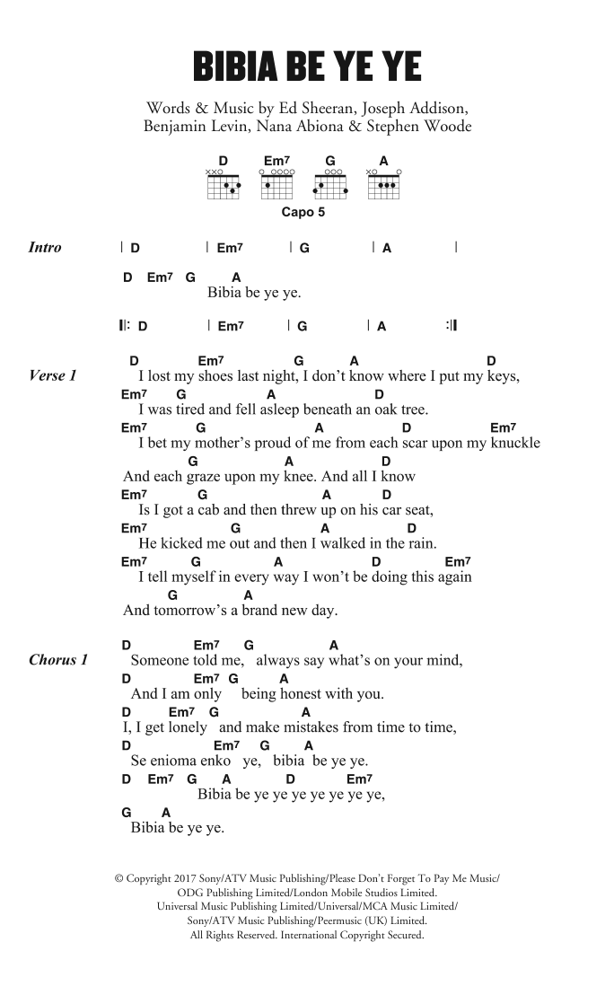 Ed Sheeran Bibia Be Ye Ye sheet music notes and chords arranged for Piano, Vocal & Guitar Chords (Right-Hand Melody)
