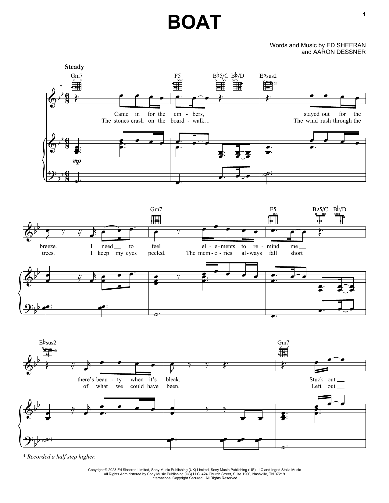 Ed Sheeran Boat sheet music notes and chords arranged for Piano, Vocal & Guitar Chords (Right-Hand Melody)