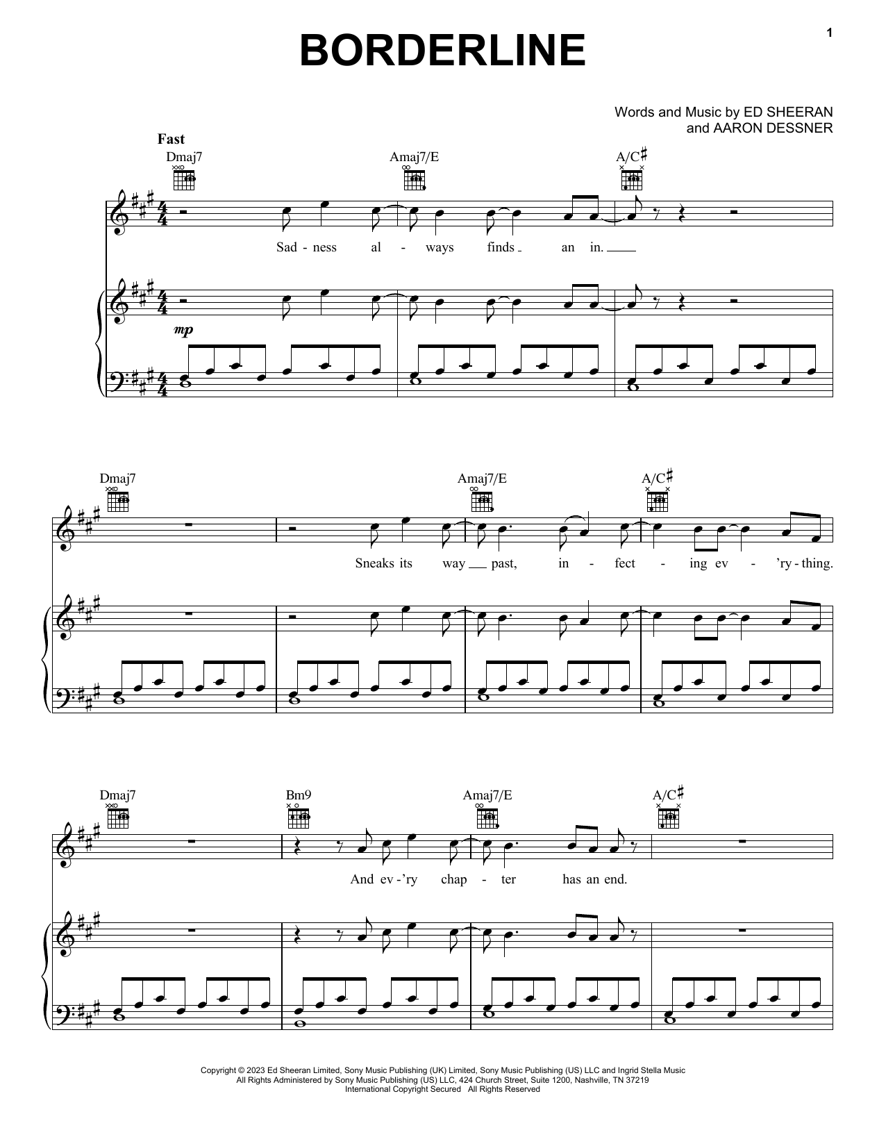 Ed Sheeran Borderline sheet music notes and chords arranged for Piano, Vocal & Guitar Chords (Right-Hand Melody)