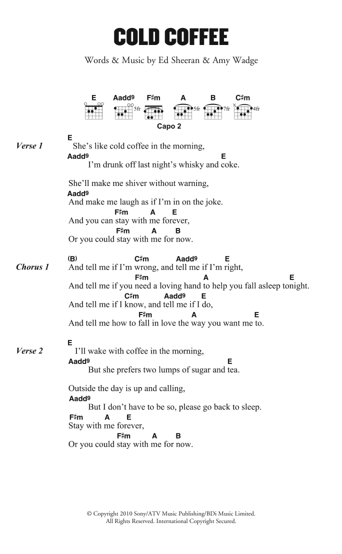 Ed Sheeran Cold Coffee sheet music notes and chords arranged for Guitar Chords/Lyrics
