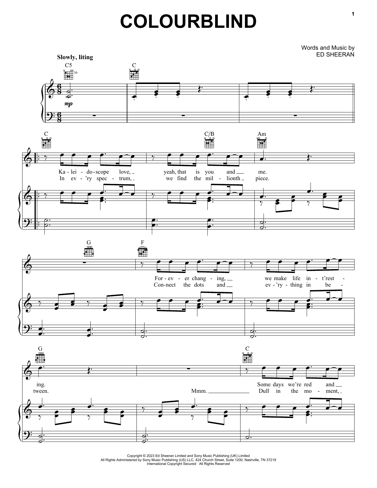 Ed Sheeran Colourblind sheet music notes and chords arranged for Piano, Vocal & Guitar Chords (Right-Hand Melody)