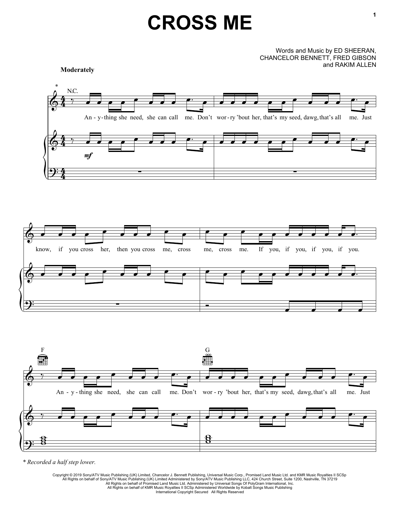 Ed Sheeran Cross Me (feat. Chance the Rapper & PnB Rock) sheet music notes and chords arranged for Piano, Vocal & Guitar Chords (Right-Hand Melody)