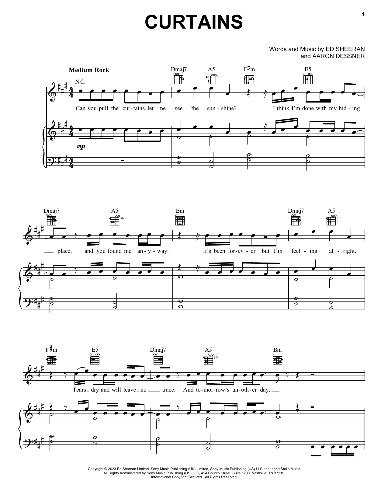 Ed Sheeran Curtains sheet music notes and chords arranged for Piano, Vocal & Guitar Chords (Right-Hand Melody)